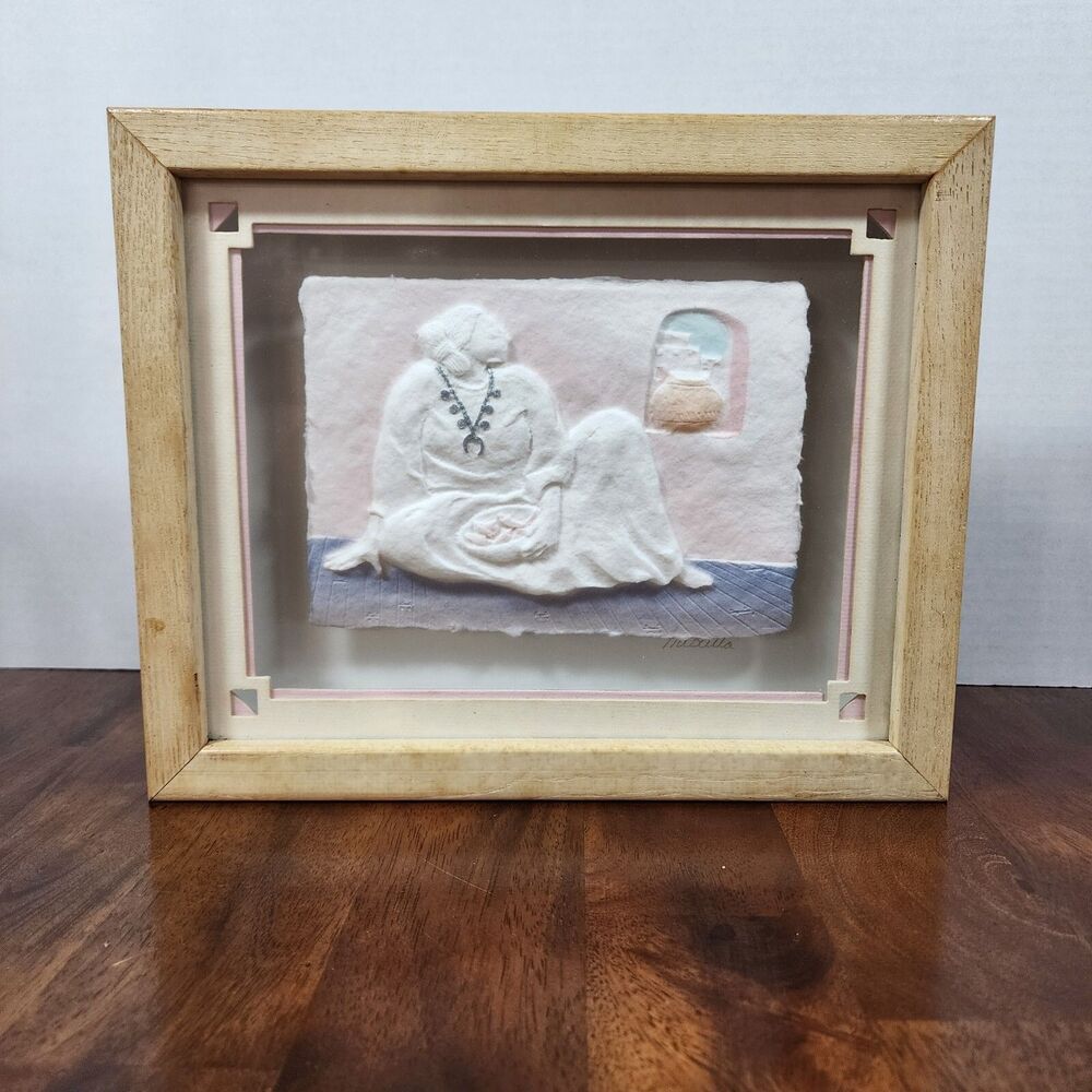 Vintage Cast Paper Southwest Art Navajo Woman Signed Framed 9x11